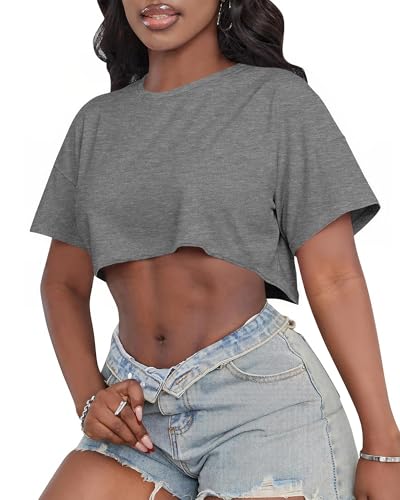 Image of Crop Tops for Women Oversized Short Sleeve T Shirts Crew Neck Cropped Tees
