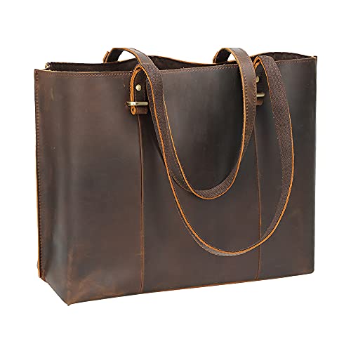 Image of TIDING Full Grain Leather Tote Bag for Women Vintage Work Totes Shoulder Bag Ladies Business Travel Purses Handbags