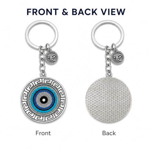 Image of Evil Eye Keychain, Blue Nazar Talisman with Eye of Horus Charm, Greek Key Border, Antique Finish, Metal Key Ring