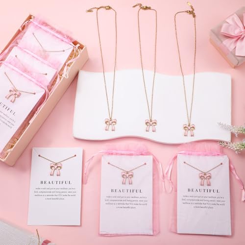 Tondiamo 12 Pcs Pink Bow Party Favors Bow Necklace Gift Bulk Women Dainty Coquette Bowknot Ribbon Jewelry Pendant with Gift Card and Storage Bag for Mother Wife Sister Friends4