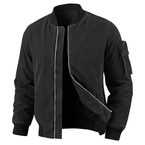 HOTIAN Winterjacke Frühlingsjacke Herren Warm Gefüttert Jacke Bomberjacken Winter Washed Steppjacke Gefüttert Vintage Parka Outdoor Übergangsjacke