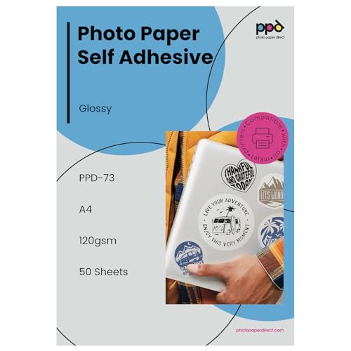 PPD 50 Feuilles x A4 Papier Photo Autocollant Brillant, Personnalisable, Imprimable Jet d'Encre, Etiquètes Premium 120 g/m² PPD-73-50