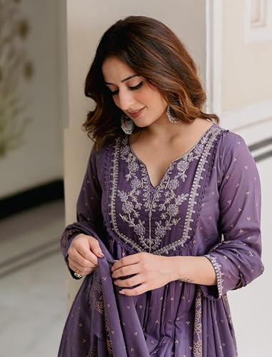 Image of Arayna Women's 100% Pure Cotton Anarkali Kurta Set with Pant & Dupatta | Embroidered Flared Kurta | Elegant Ethnic Suit