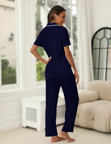 Image of HNG Women Pajamas Set 2 Piece Button Up Pajamas Pant and Short Sleeve Shirt for Woman Pj Sets with Pocket