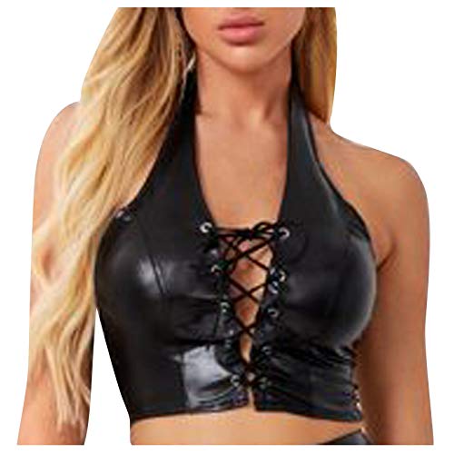 Strappy Leder Bh Damen Crop Tops V-Ausschnitt Neckholder Wetlook Brustfrei BH Weste Tank Tops Leder Schulterfrei Kurz Tops Rückenfrei Oberteil Clubwear Gogo Frauen Lack Leder Sexy Party Tanktop Cover