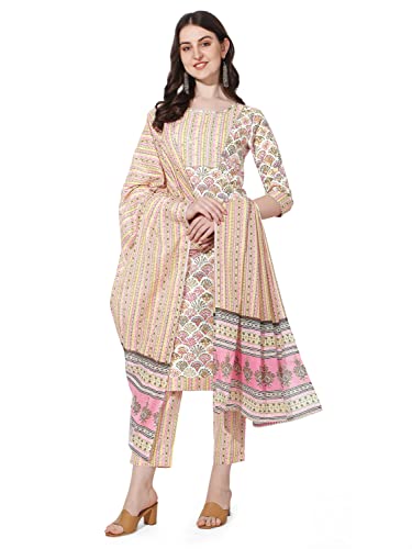 Image of MIRCHI FASHION Pure Cotton Women Straight Print & Thread Embroidery Kurti Set with Dupatta & Pant
