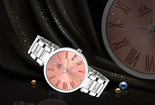 Image of IIK COLLECTION Watch for Women Round Studded Dial |Day and Date Quartz Movemnet |Long Battery Life|Stainless Steel Bracelet Chain Strap|Double Lock Clasp Safety Watches for Girls