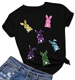 Happy Easter Shirts Women Sequin Bunny Shirt Cute Rabbit Graphic T Shirt Funny Easter Gift Short Sleeve Tee Tops Black