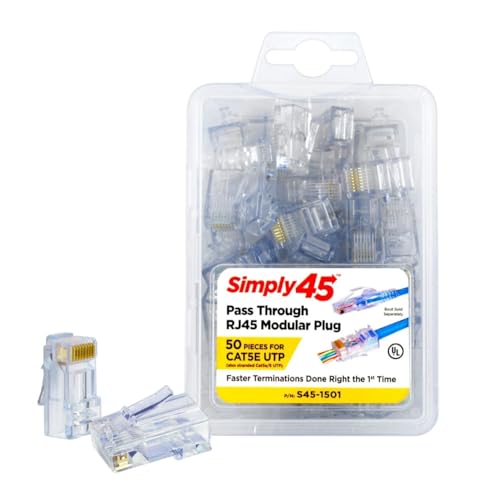Simply45 Unshielded Pass-Through RJ45 - Clavijas modulares para 24AWG sólido (Cat5e), color azul, 28-26AWG trenzado (Cat5e/6 trenzado), chapado en oro de 3 clavijas - 50 piezas