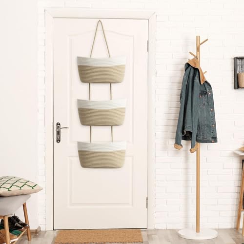 TeoKJ Hängekorb für die Tür, 3-stöckig, gewebte Baumwolle, Wandmontage, Organizer, Tasche, dekorative hängende Küchenkörbe – Weiß + Jute