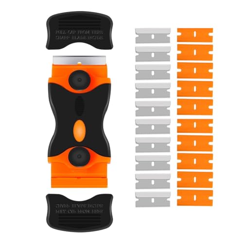 Razor Blade Scraper 2-in-1 Double Edged Razorblade Scraper Tool with 20Pcs Razor Blades Multi-Purpose Paint Cleaning Razor Scraper for Glass Decals Stickers Labels Caulk Adhesive Paint Removal
