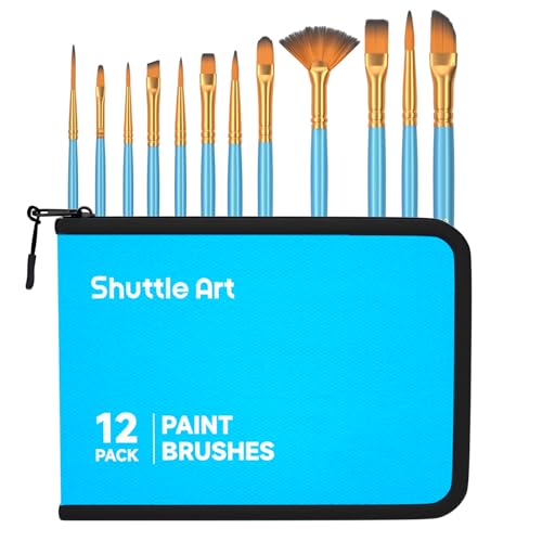 Shuttle Art 12 PCS Paint Brush Set with Case, Assorted Shapes & Sizes for Acrylic, Watercolor, Oil, and Gouache, Perfect Artist Brushes for Kids, Beginners, and Professionals, Ideal for Home or Travel