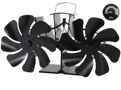 Tomersun Ventilateur de poêle à bûches avec double moteur, 16 pales avec thermomètre, fonctionnement silencieux, ventilateur alimenté par la chaleur pour...