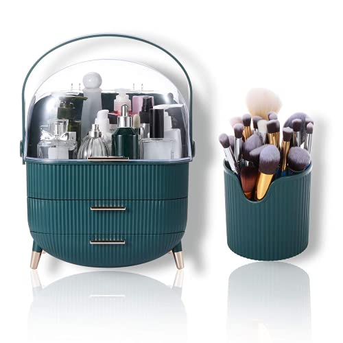 Makeup organizer & brush holder, Large makeup caddy, Elegant design with fully open clear cover. Great cosmetics organizer for vanity, bathroom, countertop or dresser (Green)