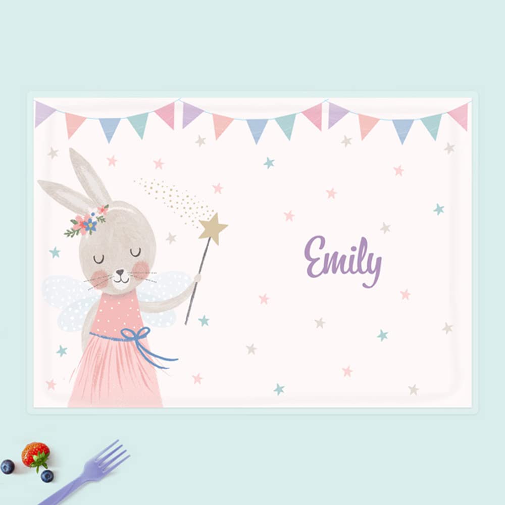 dotty about paper - Personalised Kids Placemat - Flopsy Bunny. Dinner Table Mat, Children, Wipeable placemat, Cute, Bright, kids placemat, Colourful, Children, Dinnertime, Fun Design, Durable.
