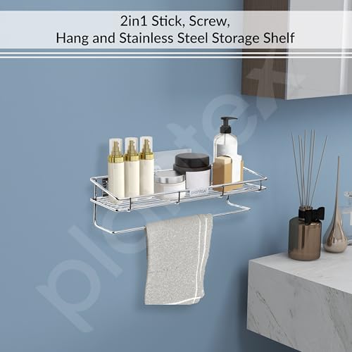 Image of Plantex Self Adhesive Bathroom Shelf /Stainless Steel Shelf with Towel Rod /Napkin Holder /Kitchen Shelves & Racks /Kitchen Stand /Rack (Chrome)