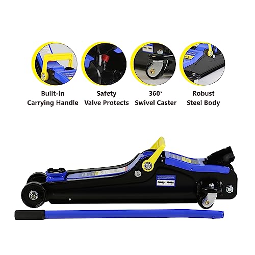 2 Ton Floor Jack, Hydraulic Low Profile Floor Jack with Single Piston Quick Lift Pump, Heavy Duty Steel Racing Car Floor Jack Lifting Range 3.3\"-15.2\", Black+Blue