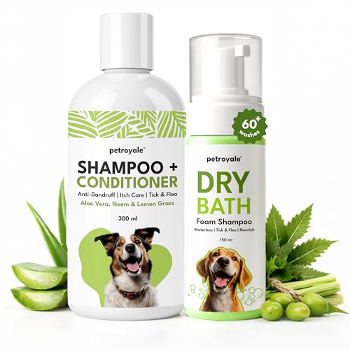 Image of Petroyale Dog Grooming Combo - 2-in-1 Shampoo & Conditioner (300ml) + Dry Bath Foam Shampoo (150ml) - Anti-Fungal, Anti-Itch, Tick & Flea Control, Shedding Support for All Breeds