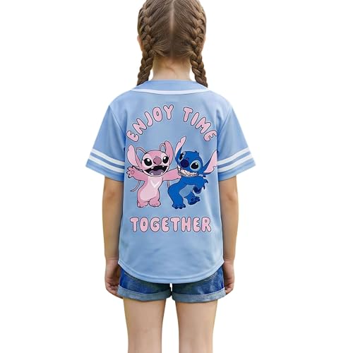Image of Disney Lilo & Stitch Girls Baseball Jersey Shirt Button Down Kids Tee Stitch Angel Sizes 4-16