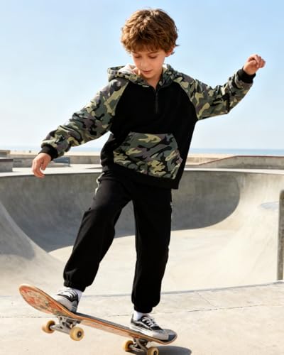 Image of OLMRJKD 5-12Y Boys Clothes 2 Piece Long Sleeve Quarter Zip Hoodie Sweatshirt and Sweatpants Fall Winter Sweatsuit