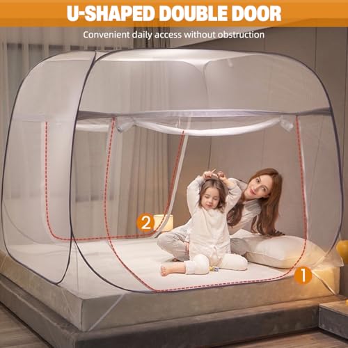 Image of HASTHIP Pop-Up Mosquito Net Tent for Double Bed, 200 * 150 * 150Cm, Dual Zip Doors, Secure Mattress Straps, Foldable Universal Frame, Breathable Mesh, Durable & Elegant Design, Easy Storage, Blue
