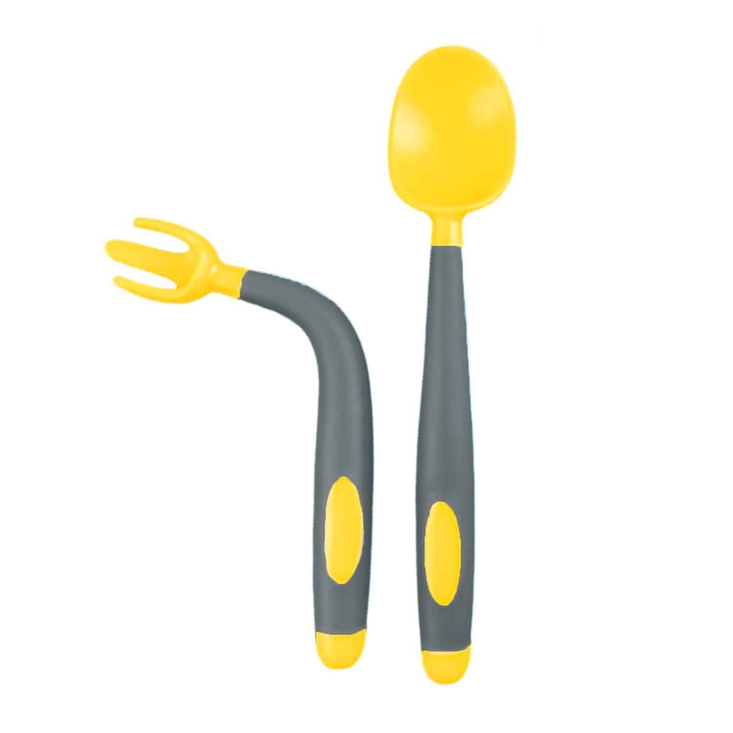 SYGA 2PCS Infant Baby Fork & Spoon Set Baby Feeding Learning Temperature Sensing Utensils Toddler Anti-Choke Self Feeding Accessories (Bendable Twisting Spoon Yellow Grey), Polypropylene, 7.08 inches