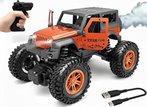 Image of Remote Control Off Road Rock Climbing Car for Kids, Rechargeable Thar Toy with Mist Spray, Openable Doors, Front LED, Shock Absorbers, Mobile Connect, USB-C Port & 75ft Range (Orange)