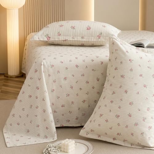 Image of Marrow Lane 300 TC Soft Air Cotton Double Bedsheet | Petite Fleur | Flatsheet with 2 Pillow Covers | Ditsy Rosebud Stripe Print (228.6 x 254 cm, Ivory & Pink)