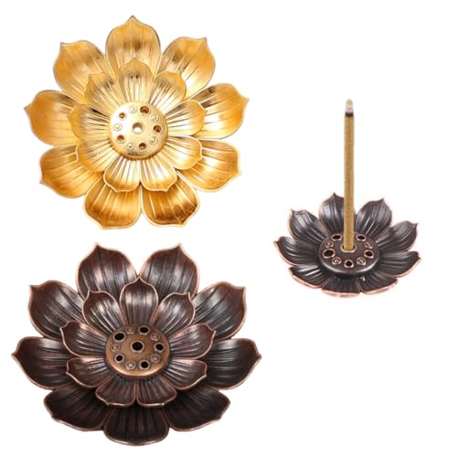 Porta Incenso Loto 2 Pezzi, 6 Fori Bruciatore Incenso in Metallo Porta Incenso per Bastoncini con Raccoglitore Cenere