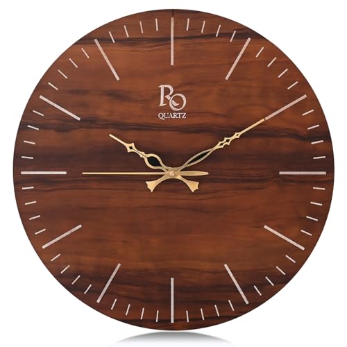 Image of Engineered Wood Round Shape Wall Clock with Metallic Hand & Silent Quartz Movement | Wooden Minimalist Design Anti Reflection Analog Vintage Clock for Home (Brown, 15 Inch)