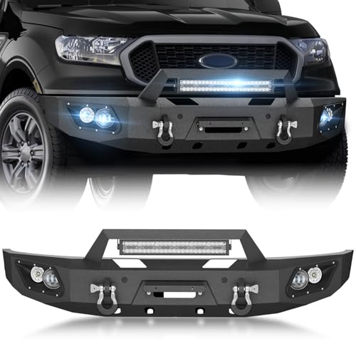 YZONA for Ranger Front Bumper Compatible with 2019 2020 2021 2022 2023 Ford Ranger Pickup Truck Bumper with Winch Plate, 5 x LED Lights, License Plate Bracket, Sensor Holes & D-rings, Texture Black