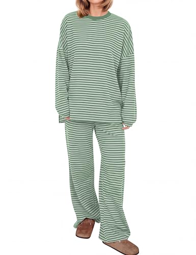 Image of MISSACTIVER Women's 2 Piece Striped Lounge Set Long Sleeve Oversized T-Shirt Wide Leg Pants Matching Pajamas Set
