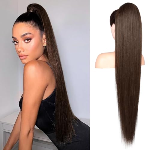 Image of Flufymooz Ponytail extension, 36 Inch Long Straight Drawstring Ponytail Synthetic Hairpieces Fake Pony Tails Natural Soft Clip in Hair Extension Pony Tail for Women (Medium Brown)