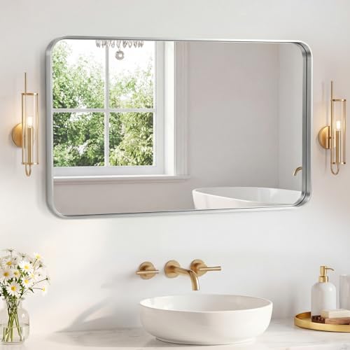 Image of Sweetcrispy Bathroom Mirror 48x32 Inch Metal Framed Rounded Rectangle Vanity Mirror for Wall, Over Sink, Farmhouse, Restroom, Anti-Rust, Modern Decorative, Horizontal or Vertical Hanging, Silver