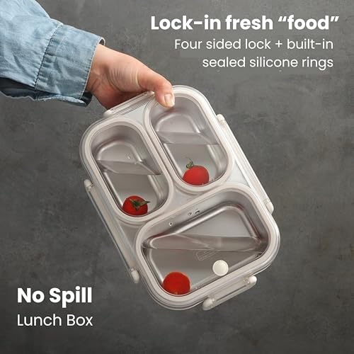 Image of Kreme UrbanMate Bento Lunch Box with Carry Bag 800 ml, 3 Compartment Lunch Box, Stainless Steel, Leak Proof, Spill Proof, Ideal for Adults, Teenagers and Kids, Ivory