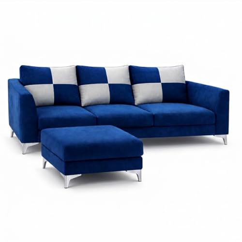 Image of Romeo Rich 4 Seater L Shape Sofa Set with Movable Ottomans | Flexible Layout | Velvet Suede Fabric | Golden Aesthetic Legs | Modern Sofa for Living Room (Dark Blue)