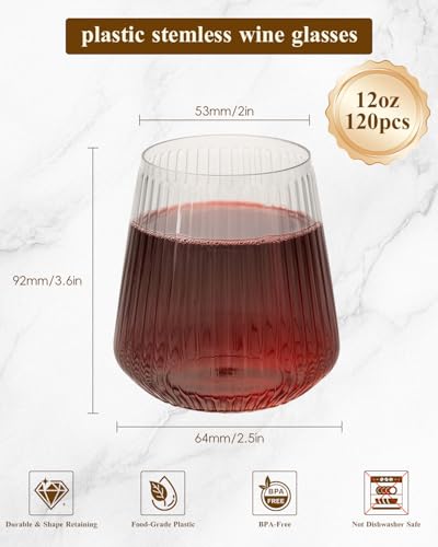 Image of Goodluck 120 Pack 12oz Stemless Clear Plastic Wine Glasses | Clear Ribbed Cups, Elegant Reusable Disposable Drinkware for Weddings, Parties, Bars, Indoor and Outdoor Events