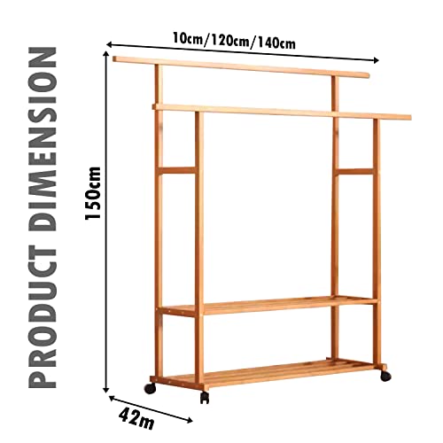 Image of Naayaab Craft Bamboo Free Standing Clothes Rail, Multifunctional Stand Rack, Wooden Coat Hanger With Dual Layer for Coat, Jacket, Umbrella, Clothes, Hats, Scarf, Handbags (Size-100x42x150cm)