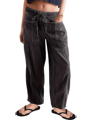 People Free Dupe, People Free Dupe Pants Barrel Jeans for Women Stretch Elastic Waist Pull-on Wide Leg Baggy Pants Lightweight Casual Crop Denim with Drawstring