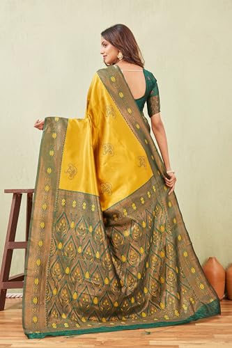 Image of Women's Banarasi Silk Saree with Rich Pallu, Jacquard Zari Weaving Work & Unstitched Blouse Piece, Traditional Ethnic for Wedding, Party & Festive Occasion