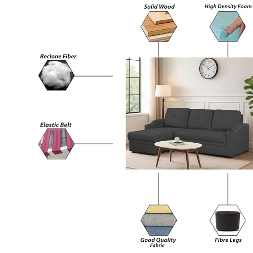 Image of Casaliving Ravonna LHS 4 Seater L Shape Corner Sofa Cum Bed for Living Room (Black Fabric) Premium Fabric Sofa