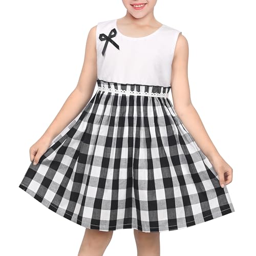 Sunny Fashion Girls Dress Black Gingham Plaid Ribbon Bow Lace Trim Cotton Summer Sundress Daily Outdoor Size 4-5 Years