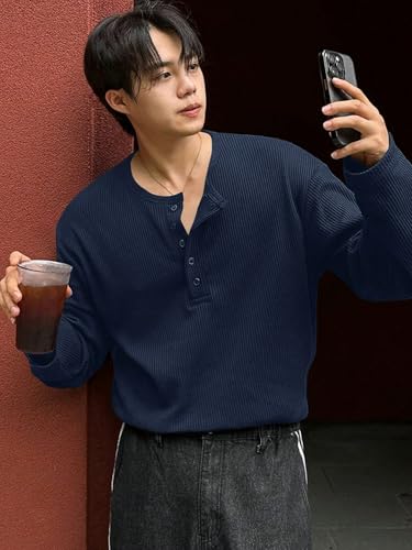 Image of Trillion Men's Textured Fabric Solid Color Basic Half-Open Collar T-Shirt, Fall Long Sleeve Men Shirt | Tshirt for Men