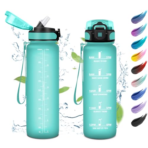 Botella Agua 1 Litro, Botella Agua con Marcador de Tiempo, Reutilizable, Cantimplora Motivadora y Prueba de Fugas, para Escuela, Senderismo, Gimnasio, Bicicleta, Oficina, Colegio, Guardería, Yoga