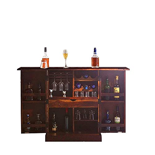 Image of Credenza Solid Sheesham Wood Wooden Bar Cabinet with Drawer Rack Wine Wisky Scotch All Type Hard and Soft Drinks Storage Cabinets for Home Living Room Honey Oak Finish Stylish Wooden Bar Cabinet