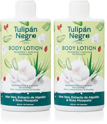 Tulipán Negro Loción Corporal Aloe Vera, Algodón y Rosa Mosqueta, regenerante y revitalizante 400 ml, suaviza todo tipo de piel (Paquete de 2)