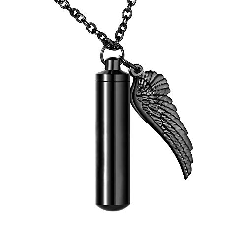 Dletay Cylinder Cremation Urn Necklace for Ashes Memorial Keepsake Pendant with Angel Wing Stainless Steel Remembrance Jewelry