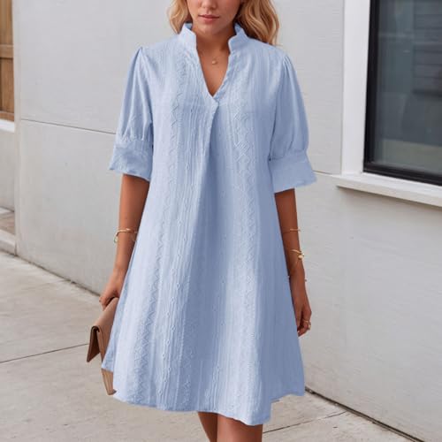 Women's V Neck Half Sleeve Solid Color Pleated Dress Shirt Dress A Line3