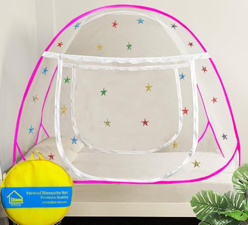 Image of VERDIOZ Mosquito Net for Double Bed King Size with Multicolor 3cm Glittery Star Design | Strong 28 GSM White Net | White PVC Coated Steel Wire | 2 Doors Foldable Machardani - (Pink with Stars)