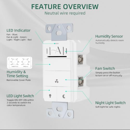 Image of Akicon Humidity Sensor and Light Switch for Bathroom Exhaust Fan, Ventilation Fan, LED Light, Night Light, Air Moisture Control,Timer Switch for Bathroom Fan, 3A, UL Listed, White